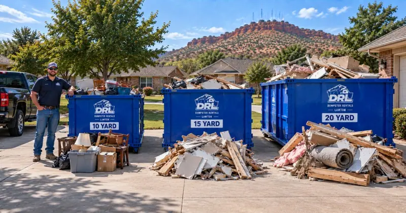 10-yard, 15-yard, and 20-yard dumpsters compared by project volume and debris capacity in Lawton, Oklahoma