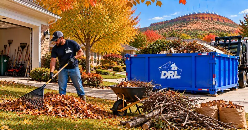 Fall yard work checklist with leaves, branches, yard debris, raking tools, and a roll-off dumpster during a seasonal cleanup in Lawton, Oklahoma