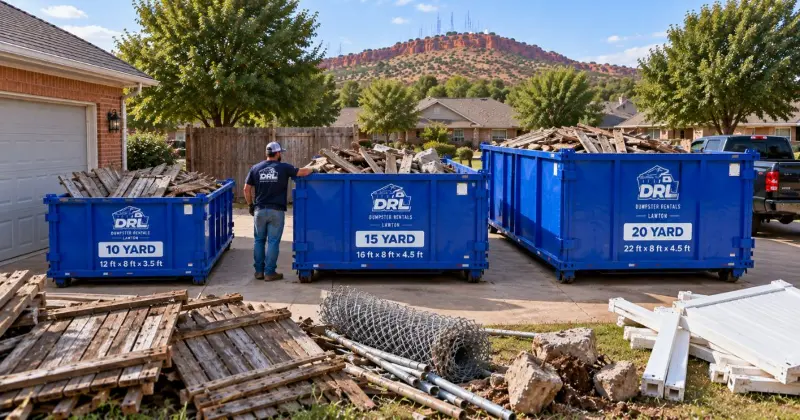 10-yard, 15-yard, and 20-yard dumpsters compared for fence removal debris including wood, chain link, vinyl panels, and concrete posts in Lawton, Oklahoma