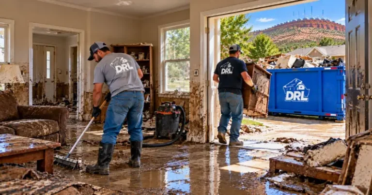 Flood cleanup with water-damaged furniture, flooring, drywall, and household debris being removed into a roll-off dumpster in Lawton, Oklahoma