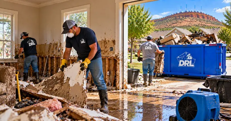 Flood cleanup safety with workers wearing protective gear while removing water-damaged drywall and debris near a roll-off dumpster in Lawton, Oklahoma