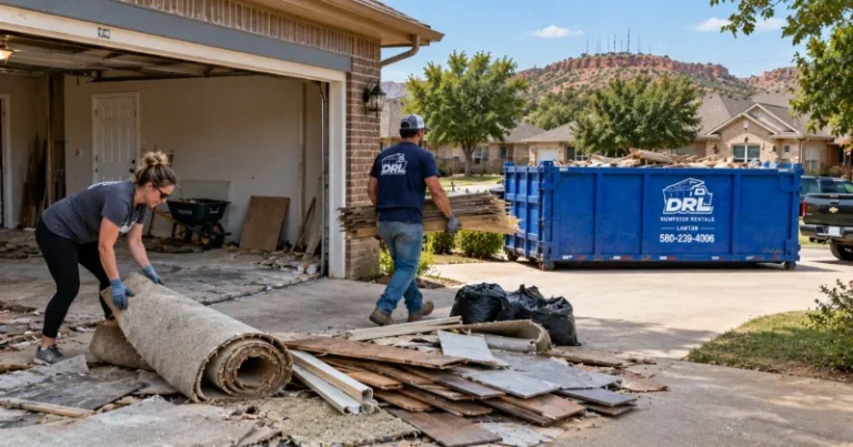 Flooring removal debris including carpet, wood flooring, padding, and renovation waste beside a dumpster in Lawton, Oklahoma