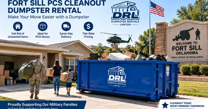 Dumpster rental for a Fort Sill PCS cleanout with household items and moving boxes in Lawton, Oklahoma