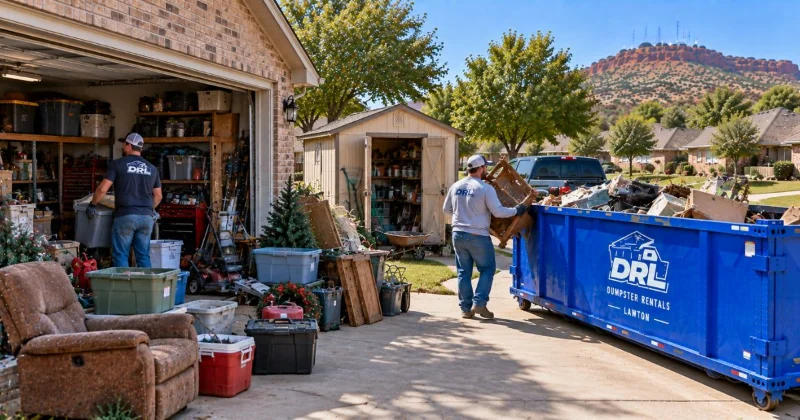 Garage and shed storage cleanout with tools, storage bins, furniture, and household items being loaded into a dumpster in Lawton, Oklahoma