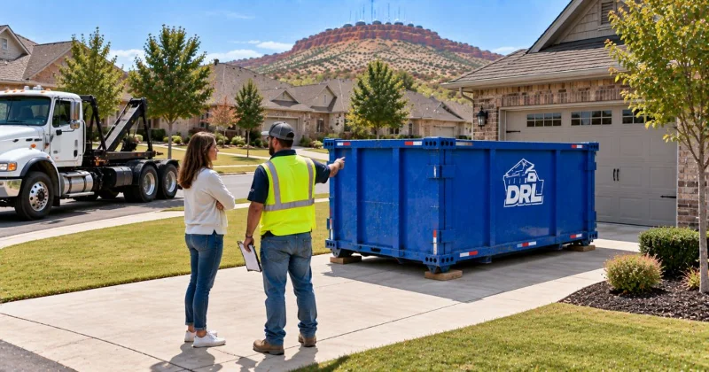 Homeowner discussing HOA dumpster placement with a rental worker beside a driveway dumpster in Lawton, Oklahoma