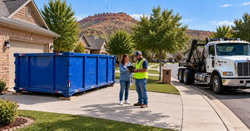 HOA dumpster placement checklist showing driveway placement, clear access, approval paperwork, and delivery planning in Lawton, Oklahoma