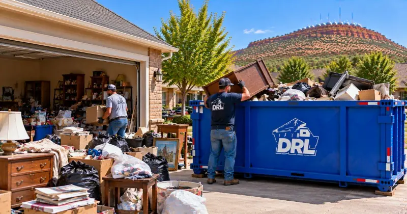 hoarding cleanout dumpster filled with furniture, household clutter, boxes, bags, and debris during a home cleanup in Lawton, Oklahoma