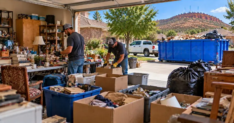 Hoarding cleanout sorting household belongings, boxes, furniture, and bags before disposal in Lawton, Oklahoma