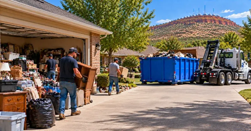 Hoarding cleanup with clear driveway access for a roll-off dumpster and cleanup truck at a residential property in Lawton, Oklahoma