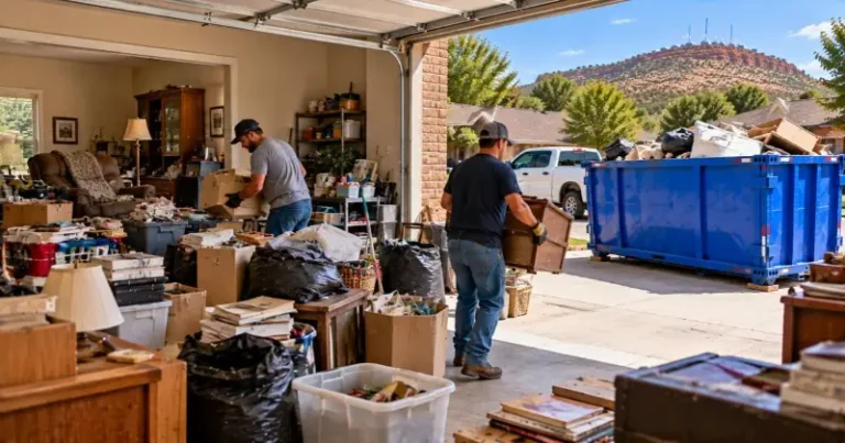 Hoarding cleanup with household clutter, furniture, boxes, and bags being cleared into a roll-off dumpster in Lawton, Oklahoma