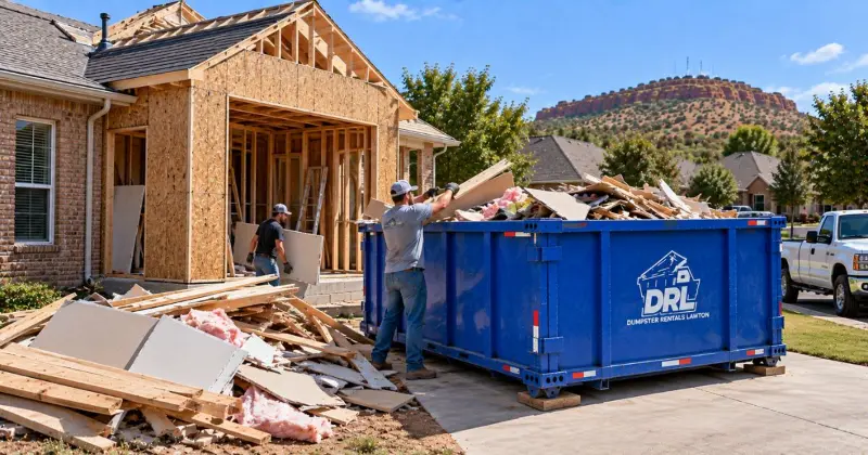 Home addition construction debris including lumber, drywall, insulation, and sheathing being loaded into a roll-off dumpster in Lawton, Oklahoma