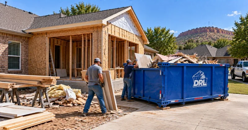 Roll-off dumpster being used for lumber, drywall, insulation, and construction debris during a home addition dumpster in Lawton, Oklahoma