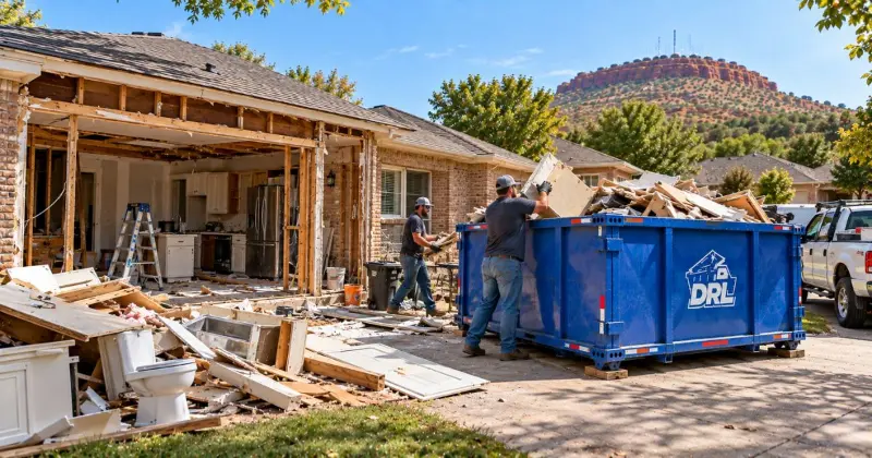 House flip construction debris including drywall, cabinets, flooring, fixtures, lumber, and demolition waste being loaded into a roll-off dumpster in Lawton, Oklahoma