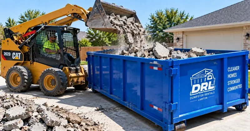 Loading broken concrete into a roll-off dumpster while distributing heavy debris safely