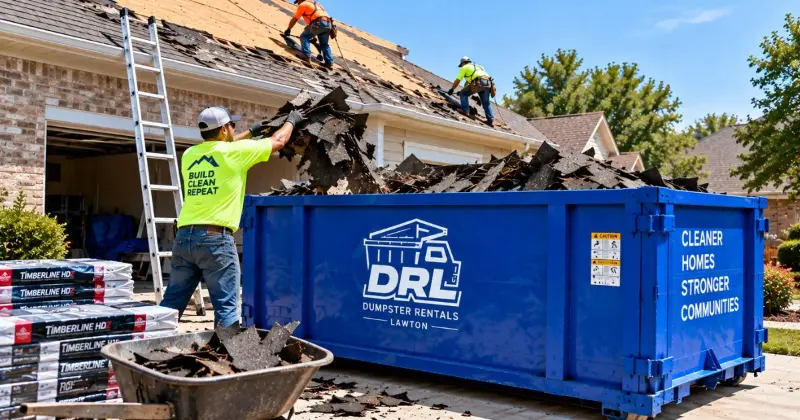 Contractor loading roofing debris into a roll-off dumpster