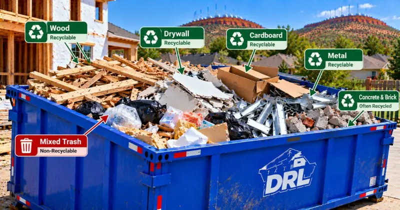 Mixed dumpster load with recyclable wood, drywall, cardboard, metal, and concrete separated from non-recyclable waste in Lawton, Oklahoma