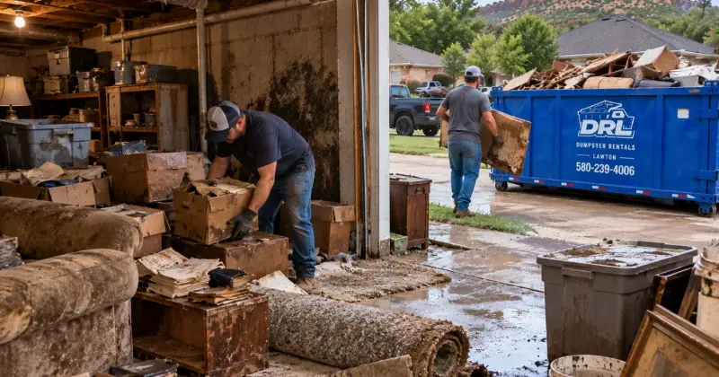Moisture-damaged basement items including wet cardboard boxes, carpet, furniture, books, insulation, and household debris in Lawton, Oklahoma