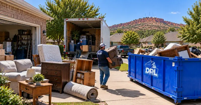 Moving cleanout with furniture, boxes, household debris, and a roll-off dumpster at a residential home in Lawton, Oklahoma