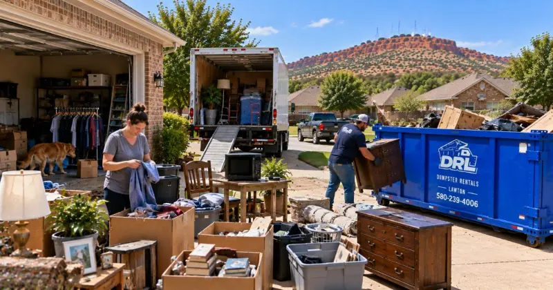 Homeowner sorting clothes, furniture, boxes, and household items before a move with a dumpster in Lawton, Oklahoma
