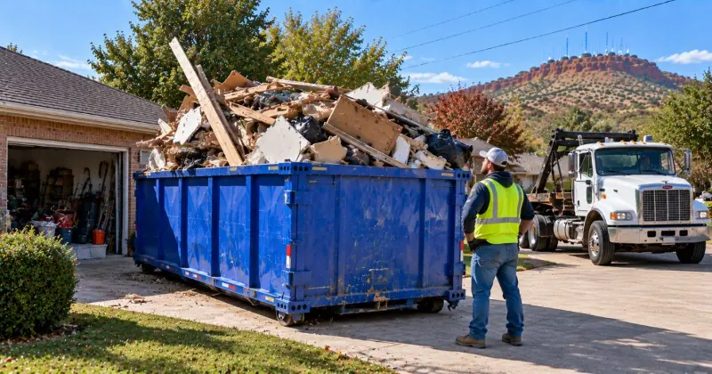 Overfilled roll-off dumpster with debris piled above the rim during a residential cleanup in Lawton, Oklahoma
