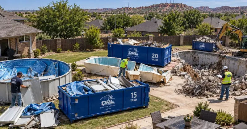 15-yard and 20-yard dumpsters shown during above-ground and inground pool removal with pool debris in Lawton, Oklahoma