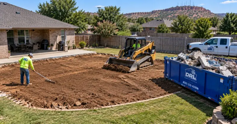 Backyard pool removal site being backfilled and graded with a skid steer and dumpster in Lawton, Oklahoma