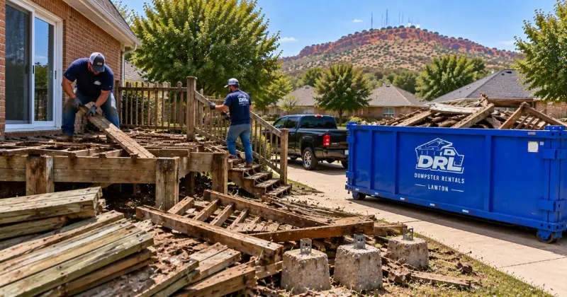 Deck removal debris including pressure-treated lumber, joists, railings, stairs, and concrete footings being cleared into a dumpster in Lawton, Oklahoma