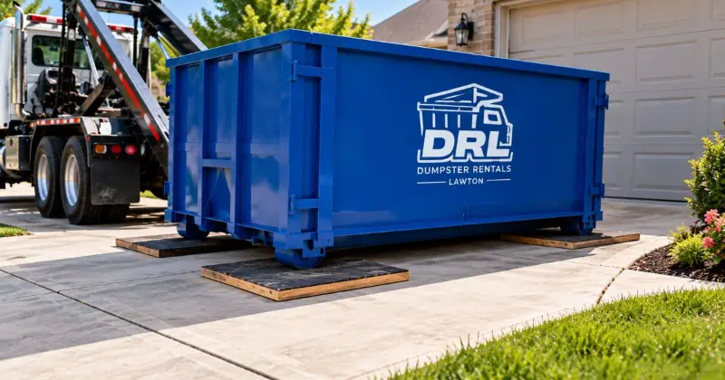 Roll-off dumpster placed on protective boards to help protect a residential driveway surface