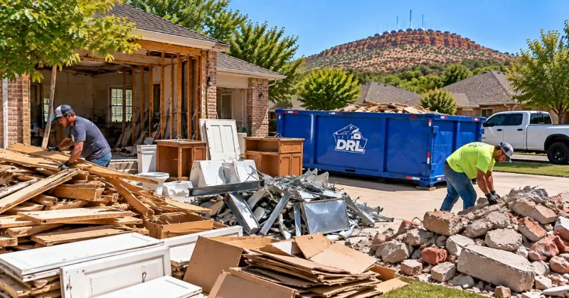 Recyclable demolition materials including wood, metal, concrete, brick, cabinets, fixtures, and cardboard sorted during a home demolition in Lawton, Oklahoma