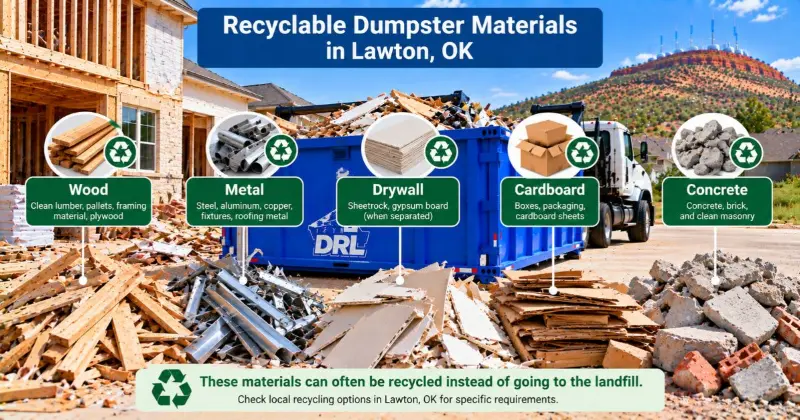Recyclable dumpster materials including wood, metal, drywall, cardboard, and concrete separated from construction debris in Lawton, Oklahoma