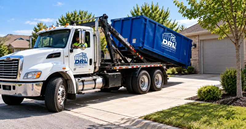 Roll-off truck accessing a residential driveway to deliver a dumpster