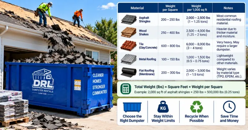 Roofing debris weight calculation showing common roofing materials, estimated weights, and dumpster load planning