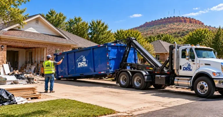 Same day dumpster delivery with a roll-off truck placing a dumpster at a home renovation project in Lawton, Oklahoma