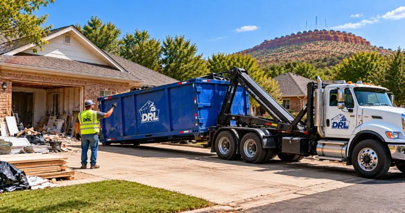 Same day dumpster delivery with a roll-off truck placing a dumpster at a home renovation project in Lawton, Oklahoma