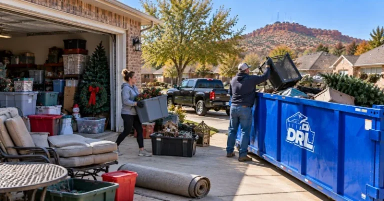 Seasonal storage cleanout with holiday decorations, storage bins, furniture, and household items being cleared into a dumpster in Lawton, Oklahoma