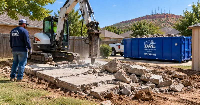 Concrete shed slab being broken up with an excavator and loaded into a dumpster during a backyard demolition in Lawton, Oklahoma