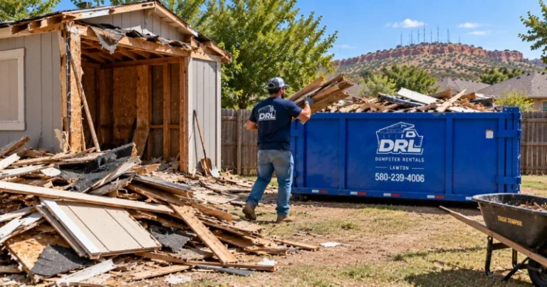 Shed roofing debris from a demolition project