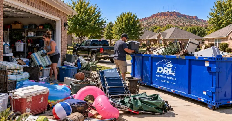 Summer storage cleanout with pool floats, patio furniture, coolers, sports gear, folding chairs, and storage bins in Lawton, Oklahoma