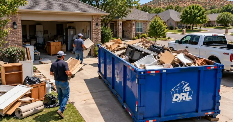 Home cleanup with renovation debris, furniture, drywall, wood, cabinets, and household junk in a roll-off dumpster in Lawton, Oklahoma
