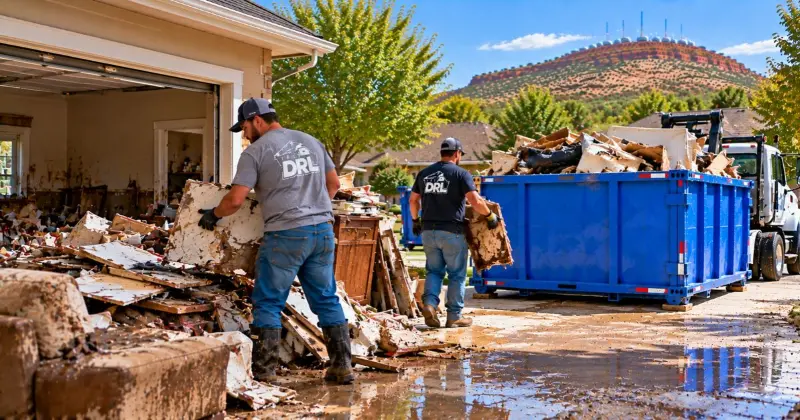 Water damaged debris including wet drywall, flooring, furniture, insulation, and household materials being removed after flooding in Lawton, Oklahoma