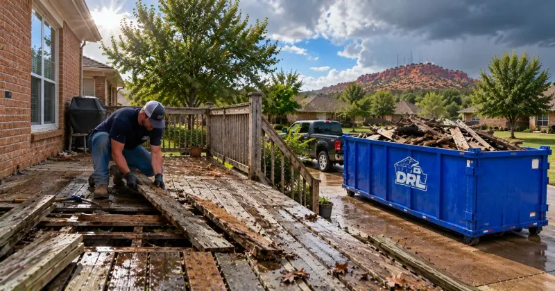 Weather-damaged wooden deck with wet, deteriorated boards being removed beside a dumpster in Lawton, Oklahoma