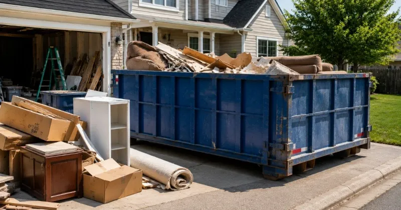 Home cleanout with a roll-off dumpster filled with debris and furniture