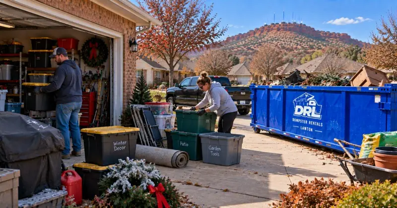 Homeowners preparing a garage and storage area for winter by sorting seasonal items, patio gear, tools, and holiday decorations in Lawton, Oklahoma