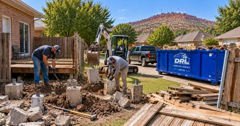 Concrete fence posts and deck footings being removed during a residential demolition project in Lawton, Oklahoma