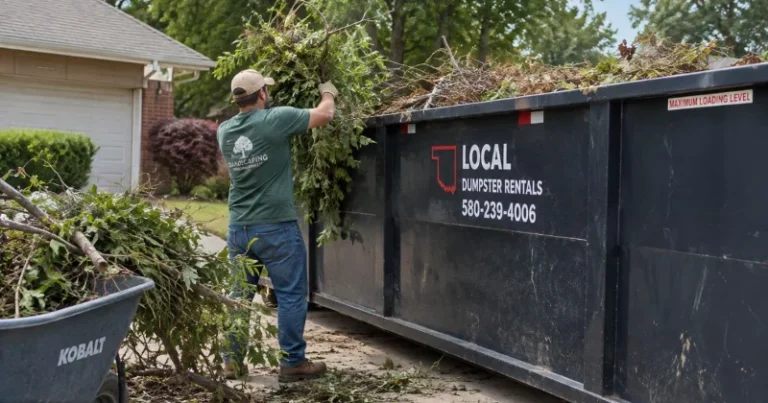Realistic yard waste disposal with branches and leaves being loaded into a roll-off dumpster in Lawton, Oklahoma